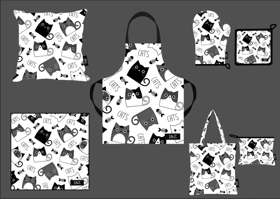 Custom Digital Print Black and White Cat Kitchen Textile Used for Kitchen, Home Decoration, and Shopping